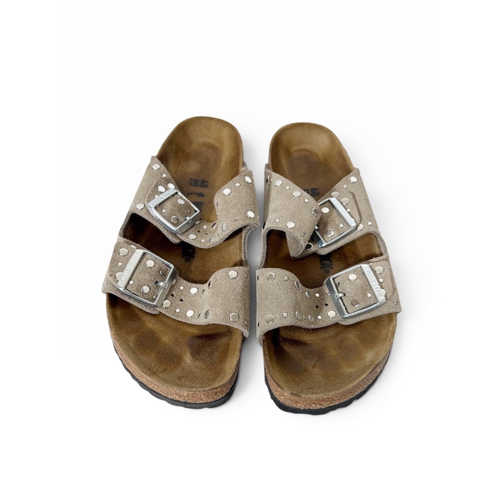 Birkenstock Arizona Rivets Studded Taupe Suede Leather Slide Sandals Size 40 L9